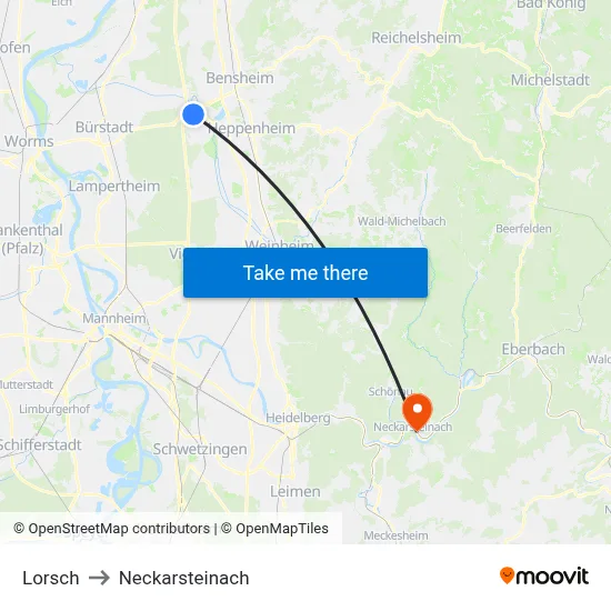 Lorsch to Neckarsteinach map