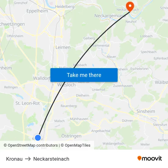 Kronau to Neckarsteinach map