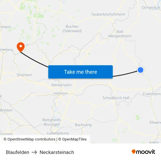 Blaufelden to Neckarsteinach map