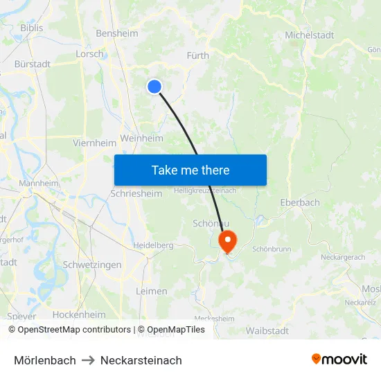 Mörlenbach to Neckarsteinach map