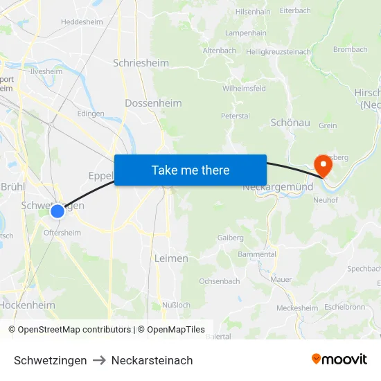 Schwetzingen to Neckarsteinach map