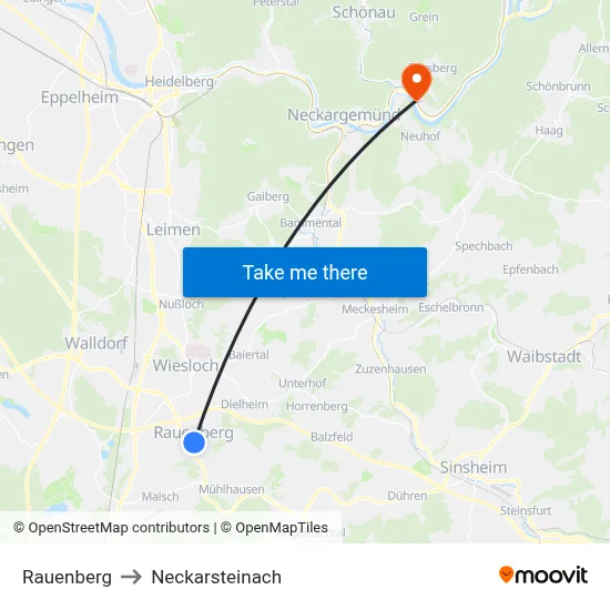 Rauenberg to Neckarsteinach map