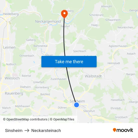 Sinsheim to Neckarsteinach map