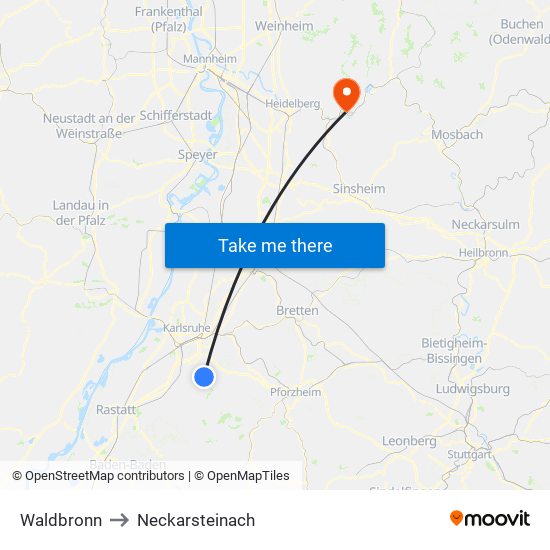 Waldbronn to Neckarsteinach map