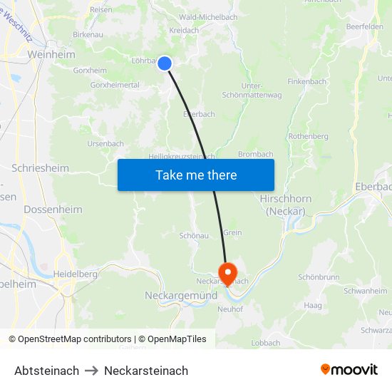 Abtsteinach to Neckarsteinach map