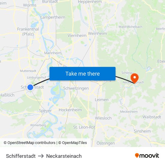 Schifferstadt to Neckarsteinach map