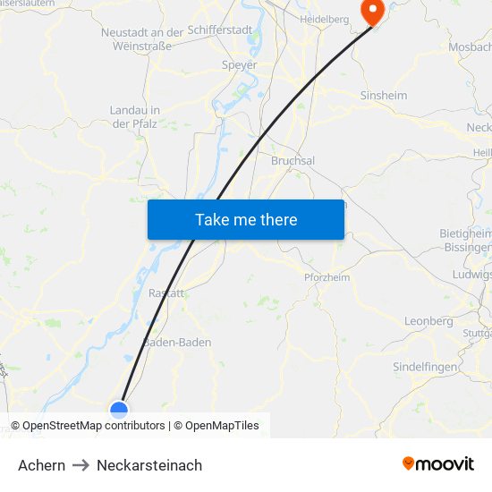 Achern to Neckarsteinach map