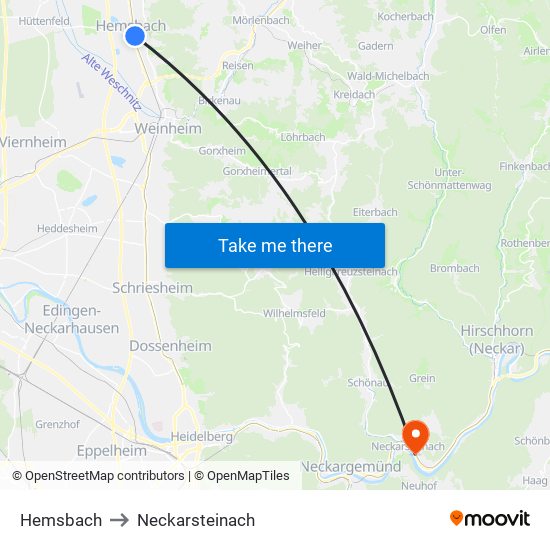 Hemsbach to Neckarsteinach map