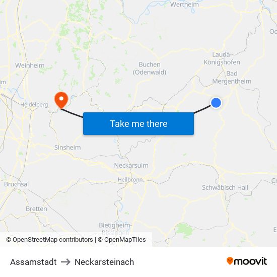 Assamstadt to Neckarsteinach map