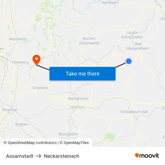 Assamstadt to Neckarsteinach map