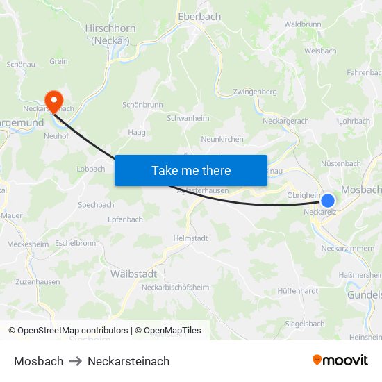 Mosbach to Neckarsteinach map