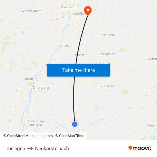 Tuningen to Neckarsteinach map