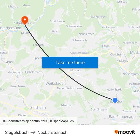 Siegelsbach to Neckarsteinach map