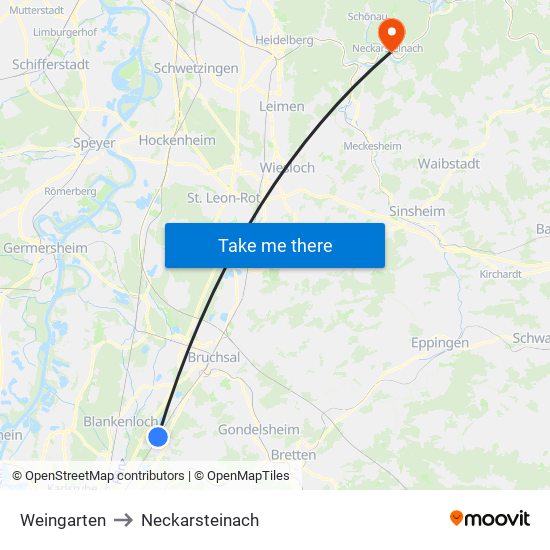 Weingarten to Neckarsteinach map