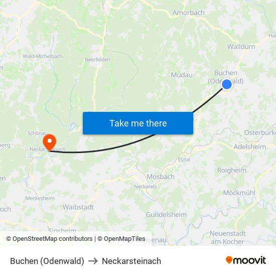 Buchen (Odenwald) to Neckarsteinach map