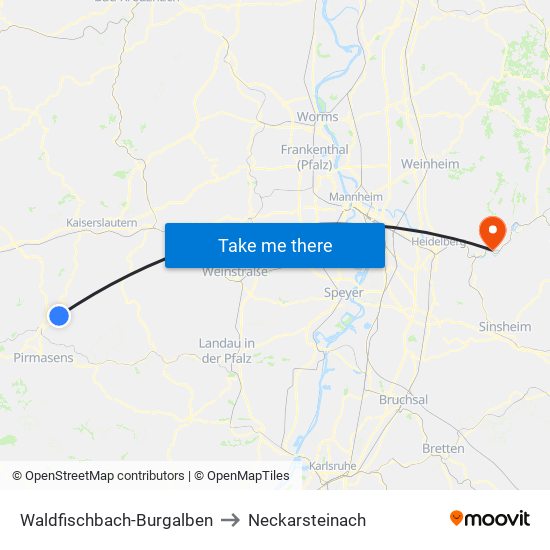 Waldfischbach-Burgalben to Neckarsteinach map