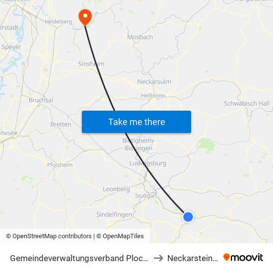 Gemeindeverwaltungsverband Plochingen to Neckarsteinach map