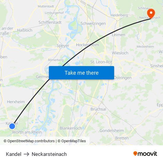 Kandel to Neckarsteinach map