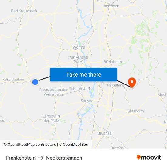 Frankenstein to Neckarsteinach map