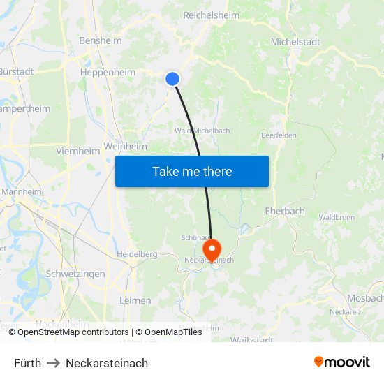 Fürth to Neckarsteinach map