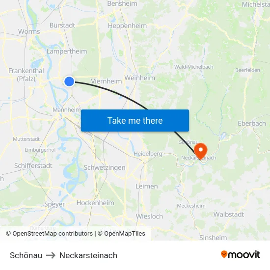Schönau to Neckarsteinach map