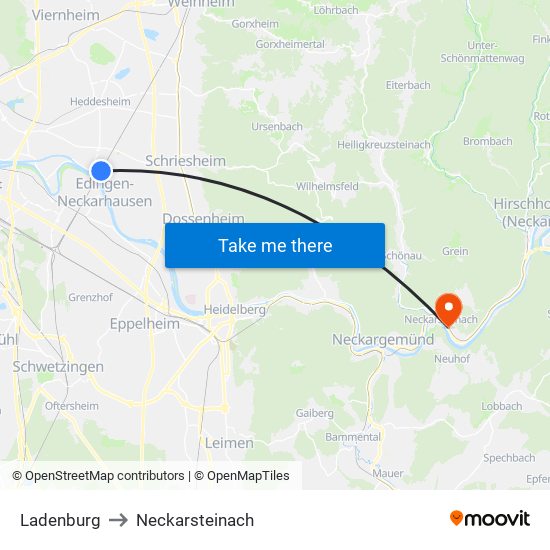 Ladenburg to Neckarsteinach map