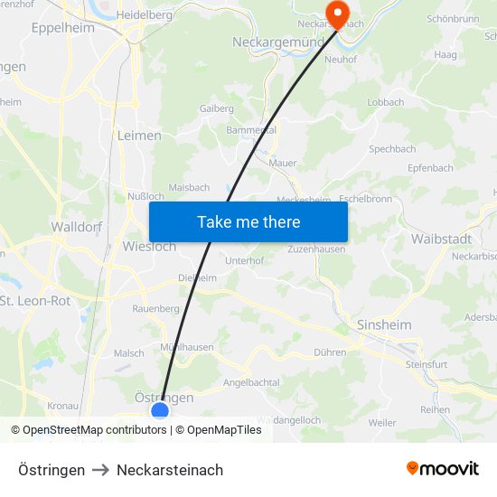 Östringen to Neckarsteinach map