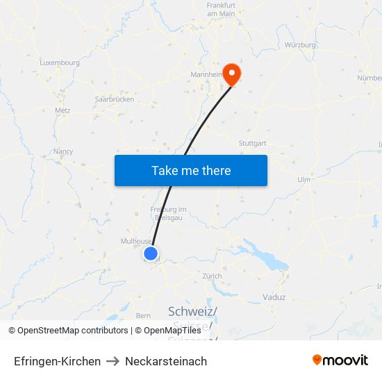 Efringen-Kirchen to Neckarsteinach map