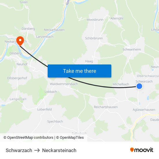 Schwarzach to Neckarsteinach map