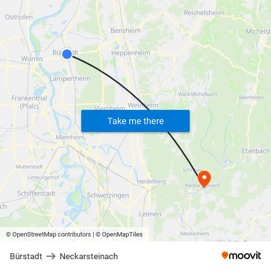 Bürstadt to Neckarsteinach map