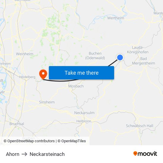 Ahorn to Neckarsteinach map