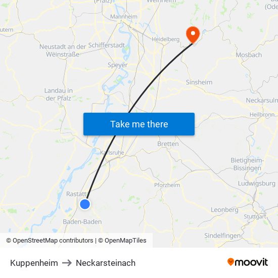 Kuppenheim to Neckarsteinach map