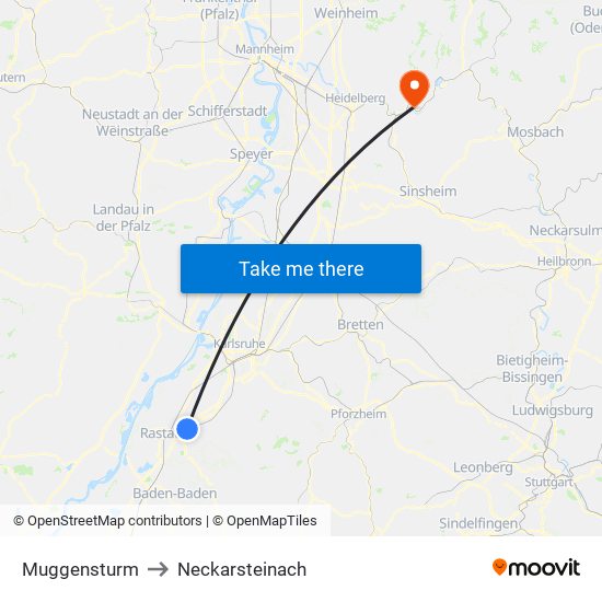 Muggensturm to Neckarsteinach map