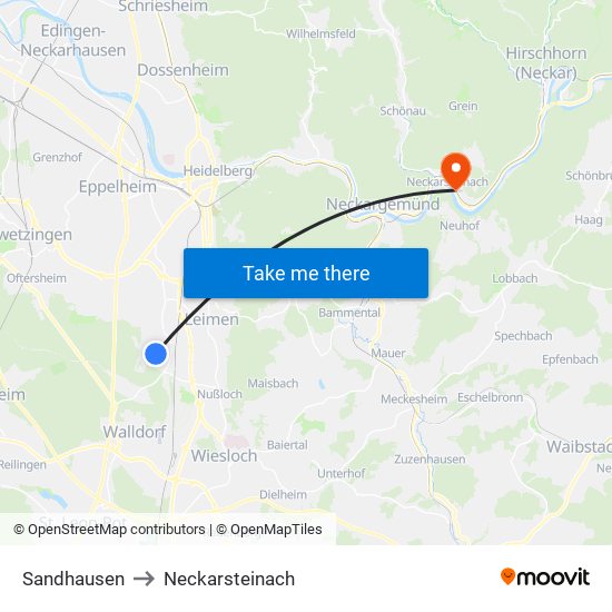 Sandhausen to Neckarsteinach map