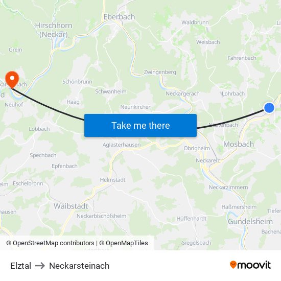 Elztal to Neckarsteinach map