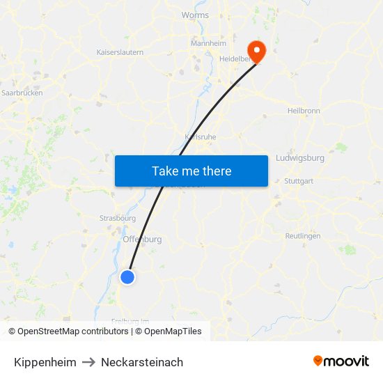 Kippenheim to Neckarsteinach map