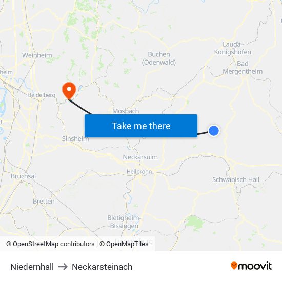 Niedernhall to Neckarsteinach map