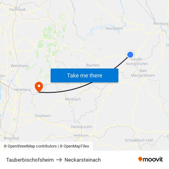 Tauberbischofsheim to Neckarsteinach map