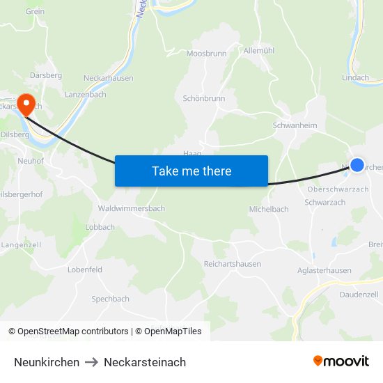 Neunkirchen to Neckarsteinach map