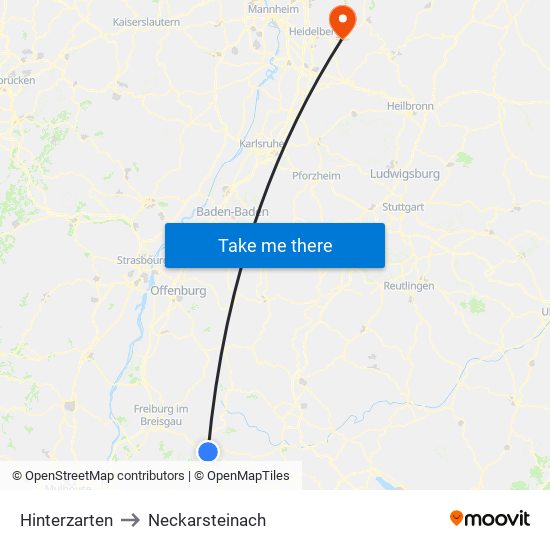 Hinterzarten to Neckarsteinach map