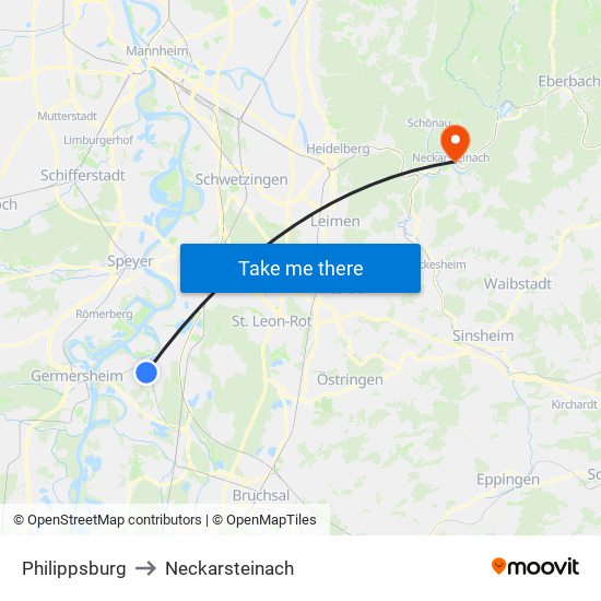 Philippsburg to Neckarsteinach map