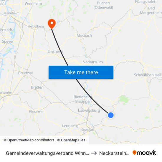 Gemeindeverwaltungsverband Winnenden to Neckarsteinach map