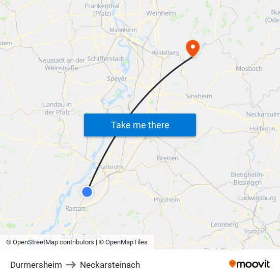 Durmersheim to Neckarsteinach map