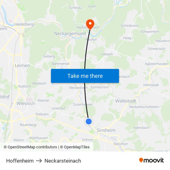 Hoffenheim to Neckarsteinach map