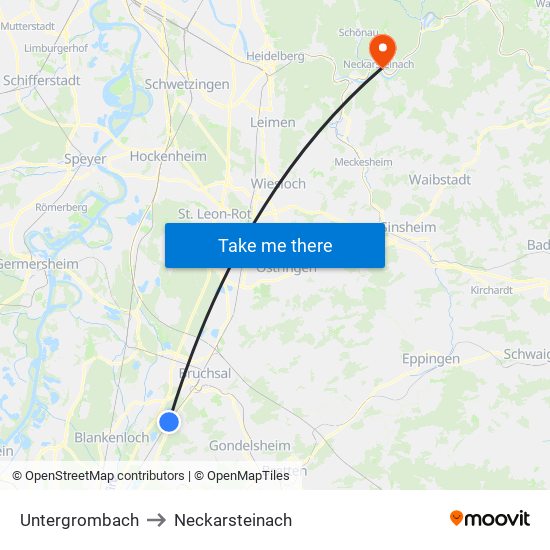 Untergrombach to Neckarsteinach map