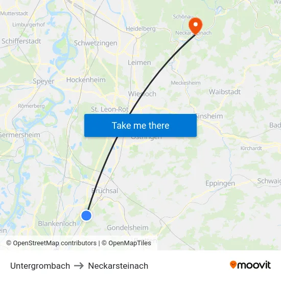 Untergrombach to Neckarsteinach map