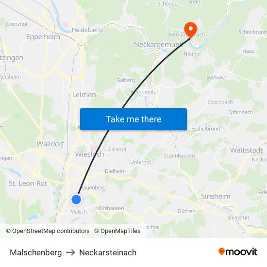 Malschenberg to Neckarsteinach map