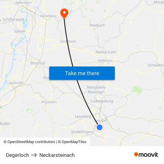 Degerloch to Neckarsteinach map