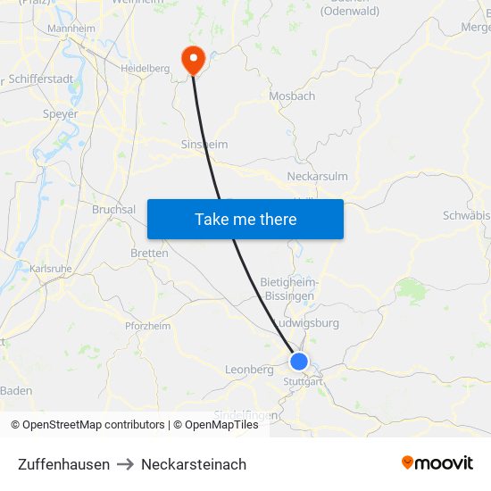 Zuffenhausen to Neckarsteinach map