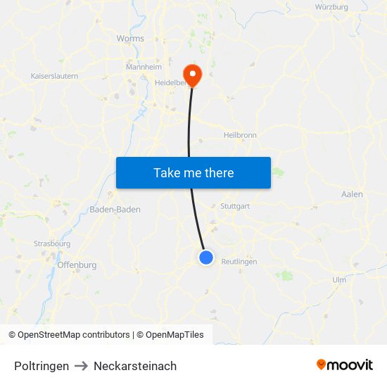 Poltringen to Neckarsteinach map